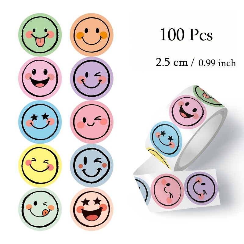 100 Colorful Paper Labels - Round Shape, Colors, For Parents, Gift Labels, Office Gift Packaging, Fun Designs | Durable Paper Labels, Happy Face Stickers, Smiling Stickers, Sticker Rolls, Supplies