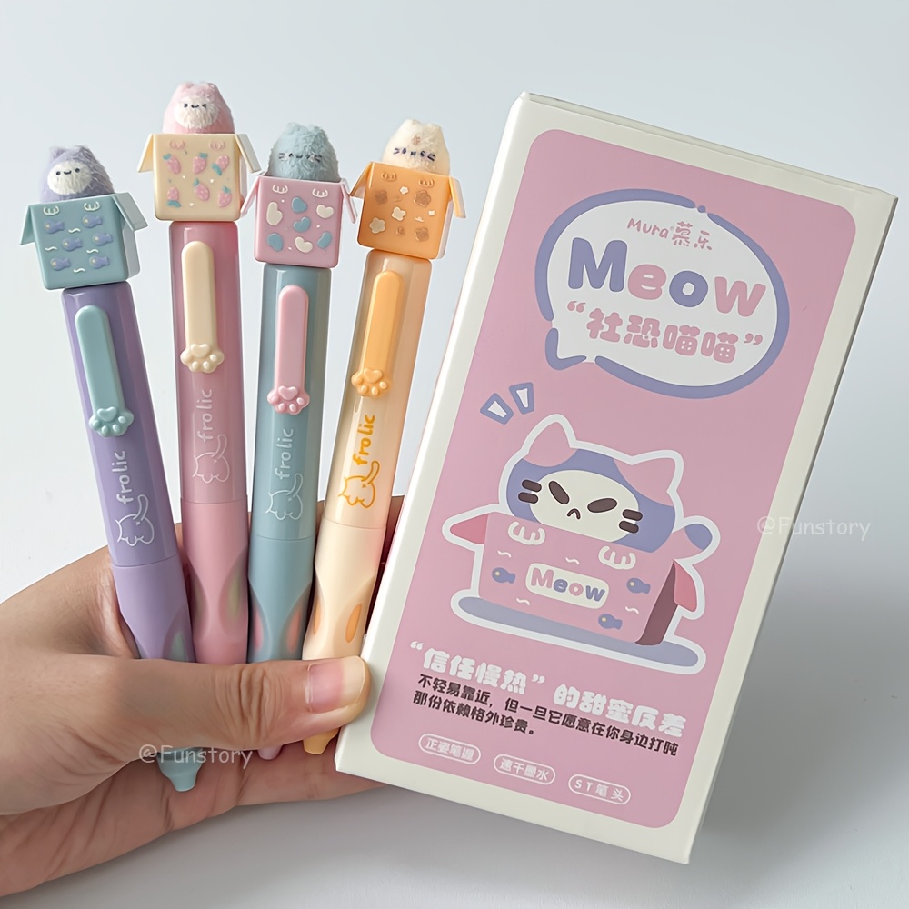 TEMU 4 pezzi/scatola Penne gel Gatto 0.5mm Nere ad asciugatura rapida Penne tascabili Stile animale per scrittura per scuola Ufficio