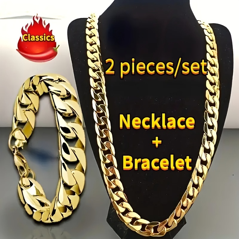 

2pcs Hip Hop Style Jewelry Set - Trendy Cuban Chain Design Necklace And Bracelet For Men And Women, Suitable For Daily Outfits And Party Accessories