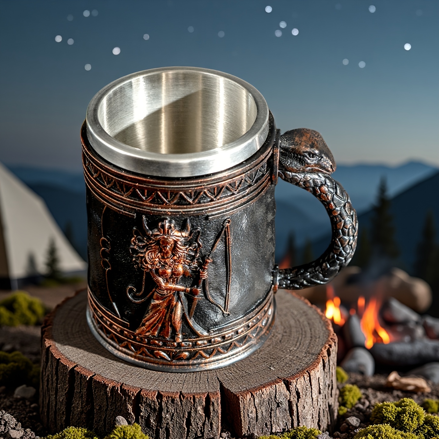 medusa greek mythology stainless steel beer mug with resin accents - insulated non-slip oval cup for coffee, beer & wine - reusable gift for halloween, christmas,  , mother’s day, festive drinkware, medusa design,   material, holiday decor, medusainspired design, hand wash only, themed drinkware, collectors item details 4