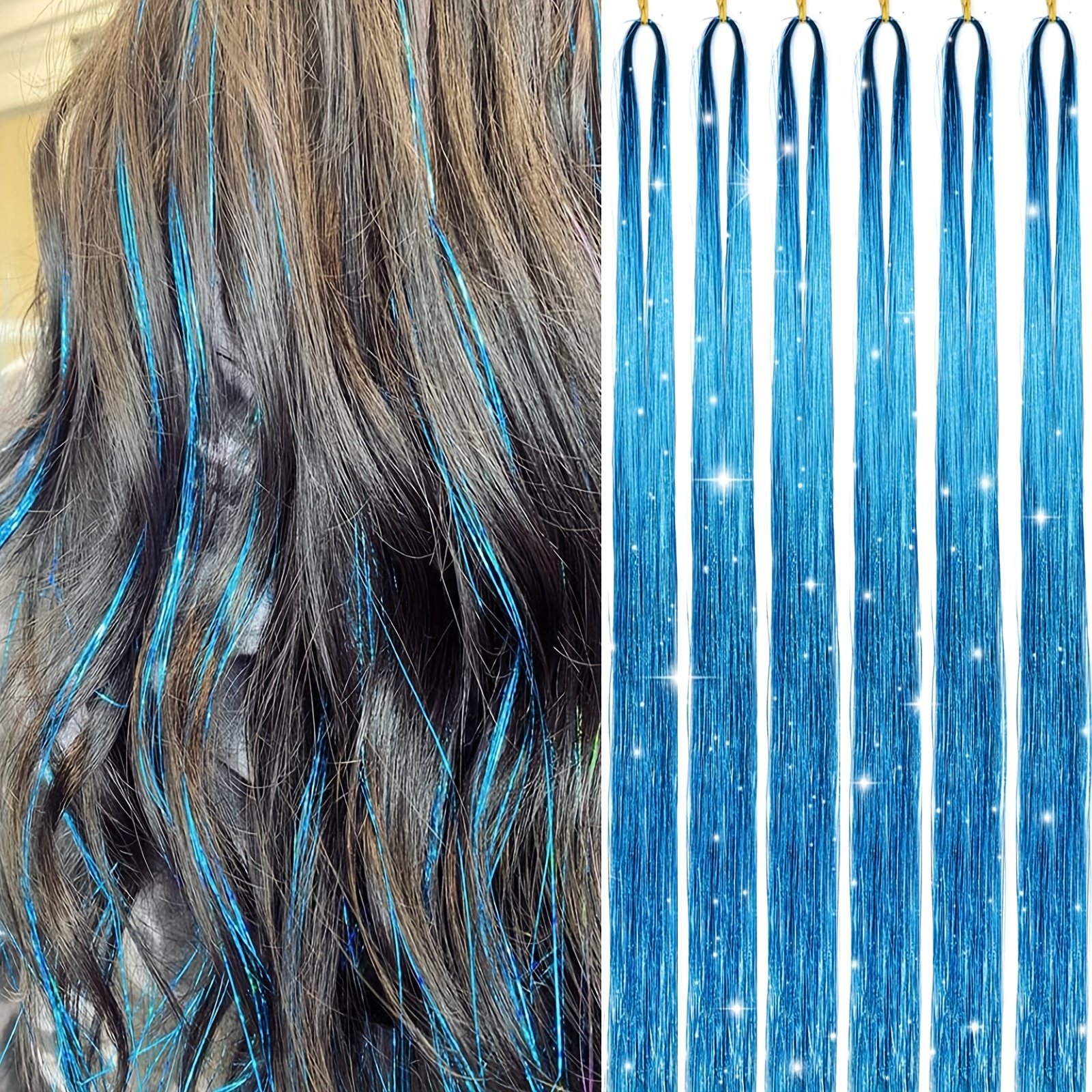 TEMU 6pcs Colorful Glitter Tinsel Hair Extensions Fairy Hair Extension 48 Inches 1200 Strands Hair Extension Tinsel Glitter Hair Extensions For Women
