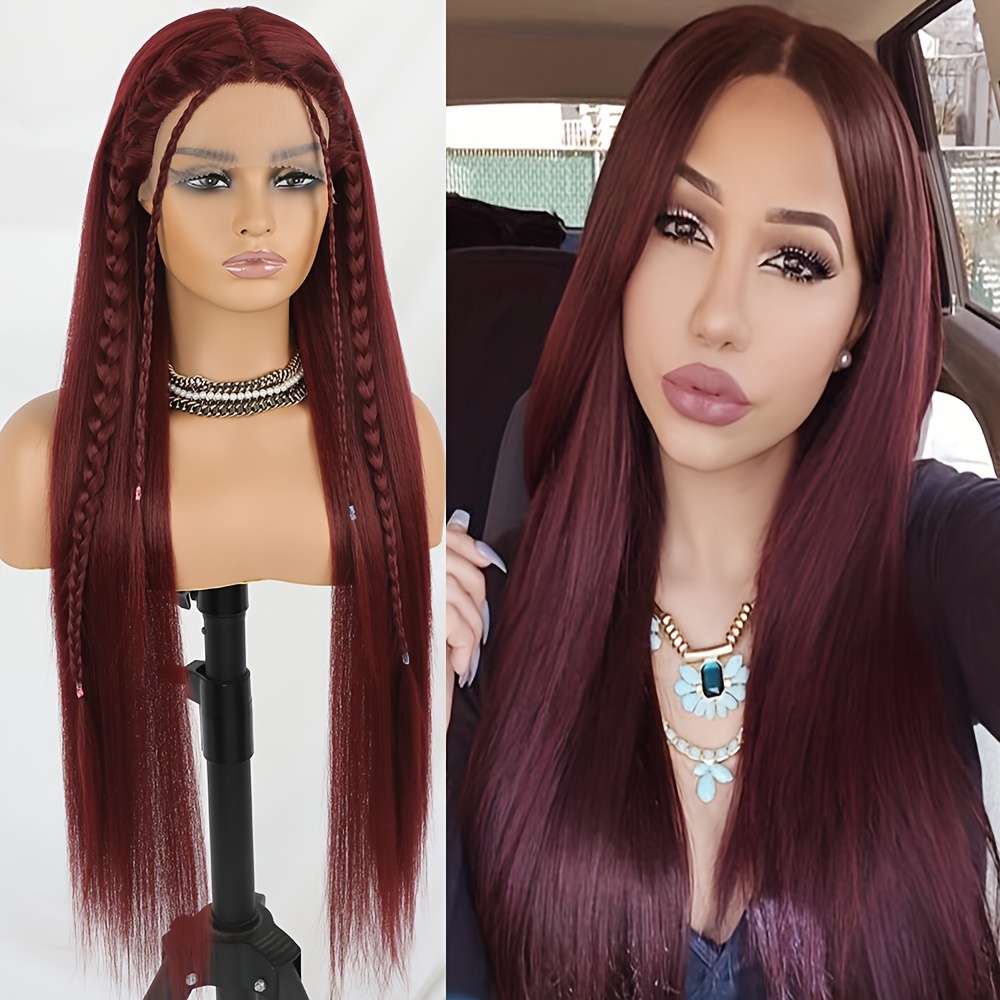 

32 Inch Long Straight Lace Front Wigs For Women Burgundy Black Glueless Hair Heat Resistant Synthetic Wig For Daily Party Cosplay Use