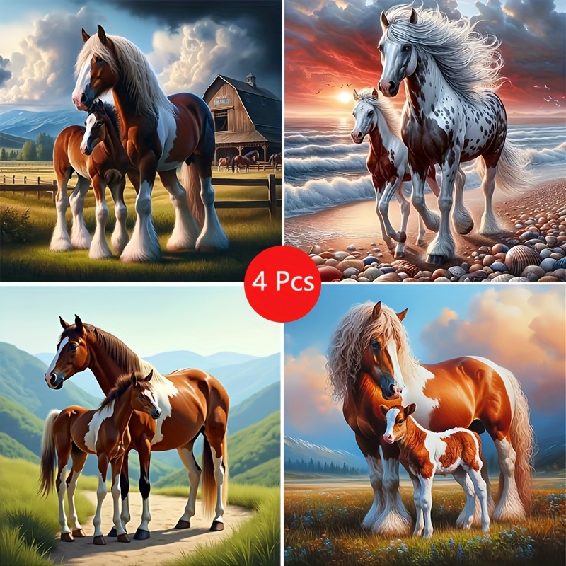 TEMU 4pcs Wild Horse Pattern Diamond Painting Kit Art Animal Theme Adult Painting Kit Craft-unframed 5d , Full Set Adult Beginner Home Decor, Round
