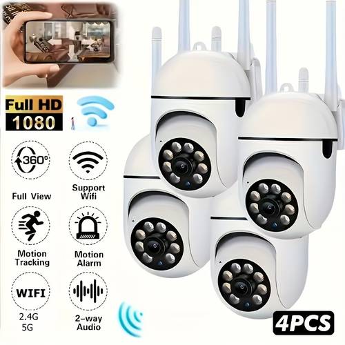 4路wifi安防5g摄像头,1080p无线户外家用监控,支持360°全景旋转、智能pir人体感应、全彩夜视、双向语音、云台控制,ip54防护等级室内外两用,配备app远程查看功能,适用于客厅监控