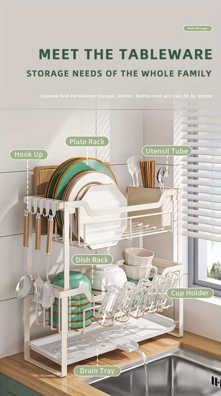 space saving dish rack with drain tray hooks utensil holders multifunctional kitchen organizer for dishes cups knives forks chopsticks Product details 3