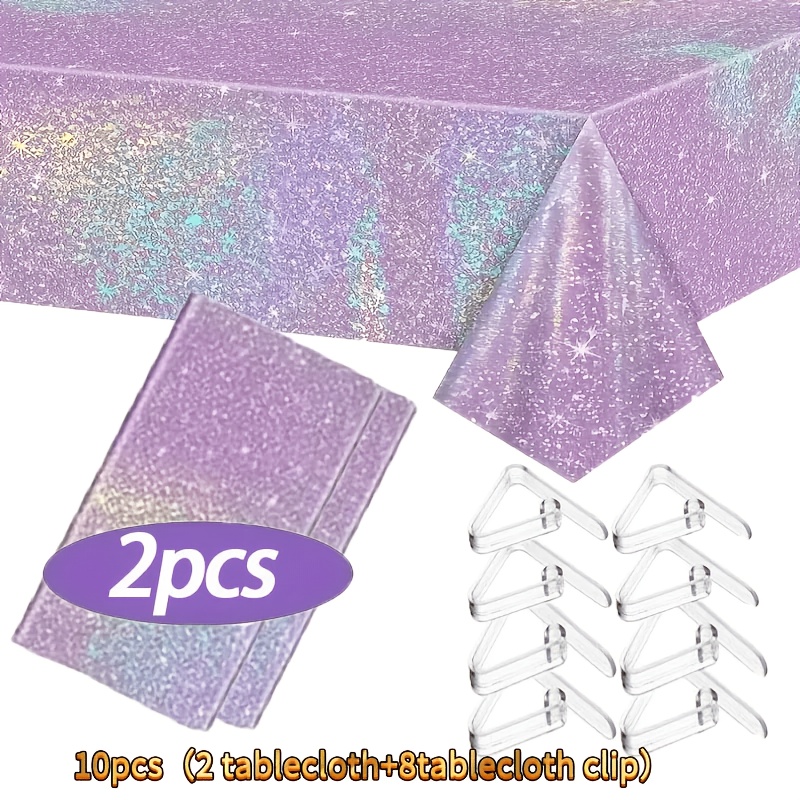TEMU Tablecloth - For Party Tablecloth, Purple Holographic Tablecloth - 2pcs/2pcs And 8pcs Table Clips, Home Decor Plastic Tablecloth - Suitable For