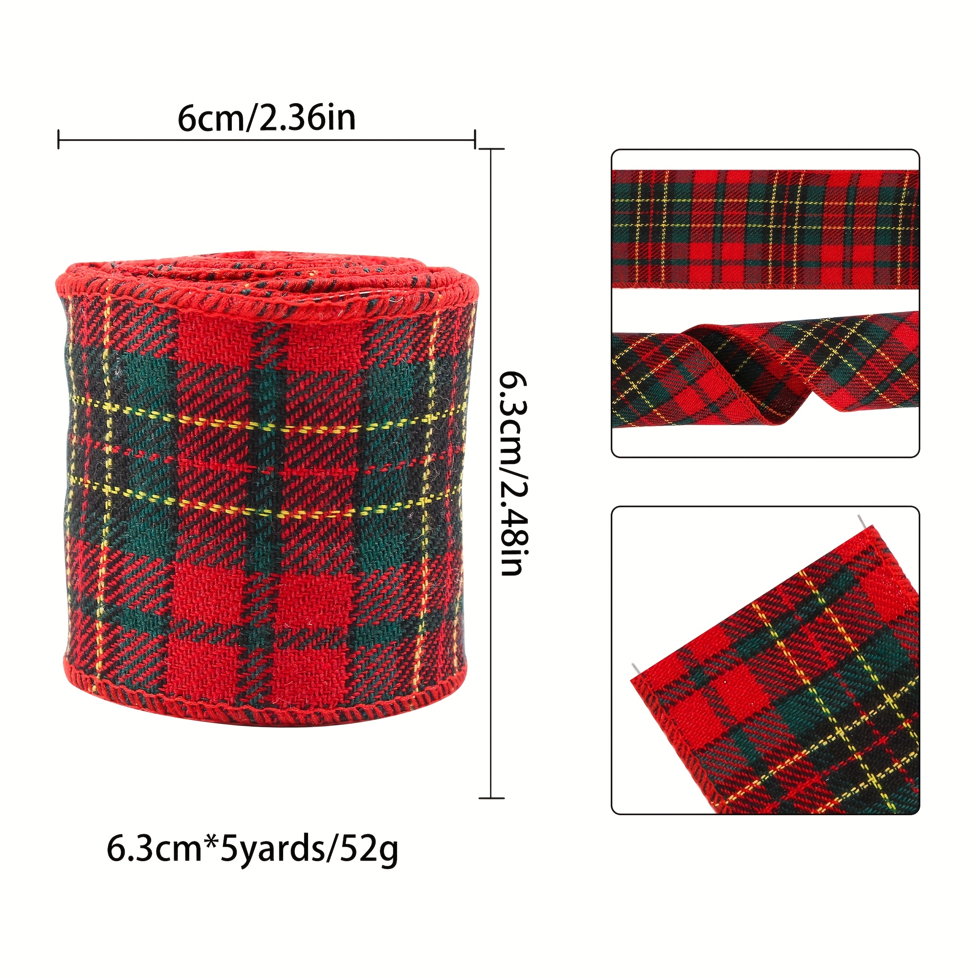 TEMU Ruban à carreaux à rayures rouges, vertes et jaunes, couleur de Noël, pour emballage cadeau de Noël à faire soi-même, décoration de cadeau de