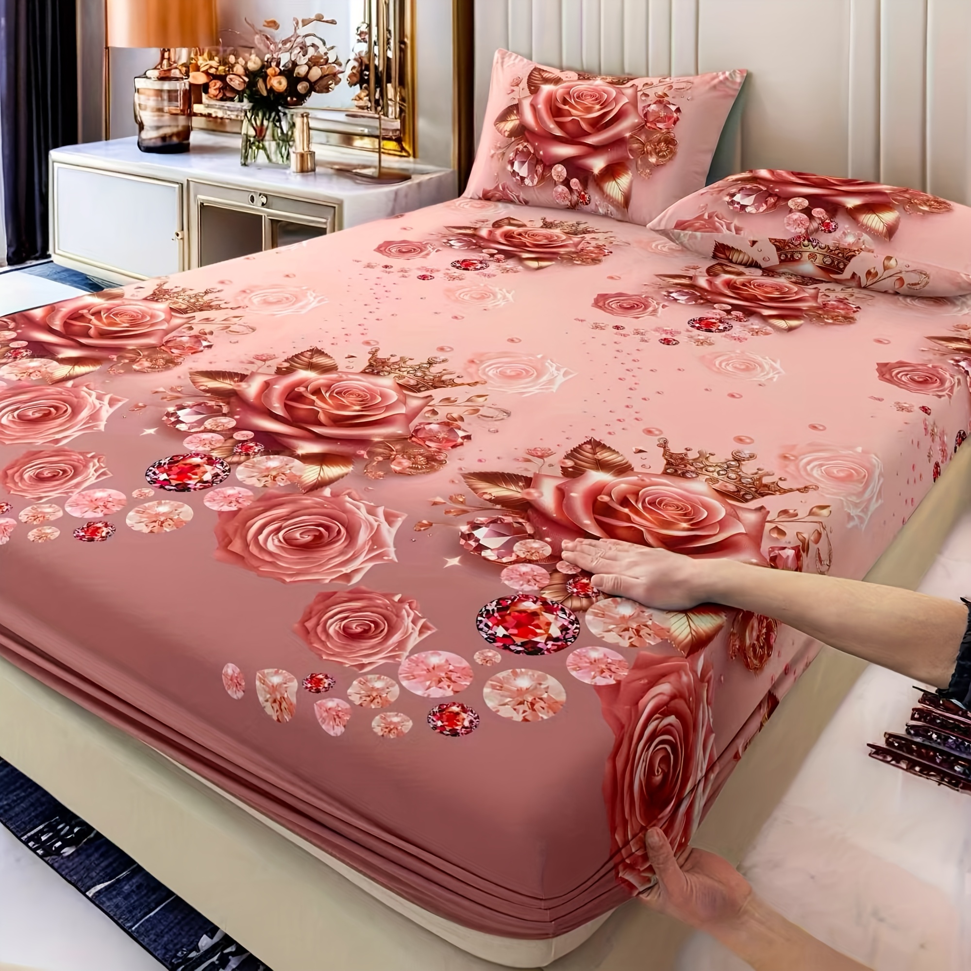 E-shop 3-teiliges Set Mode Romantisch Weihnachten Valentinstag Rosa Ziegel Rose/2 Kissenbezüge/1 Spannbettlaken Schlafzimmer