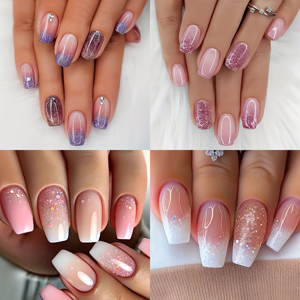 Image of 96pcs (4 Packs) Of Colors Gradient Point Diamond Glitter Artificial Wearable Nails, Suitable For Daily Life Luxurious, Delicate And Elegant Nail Art