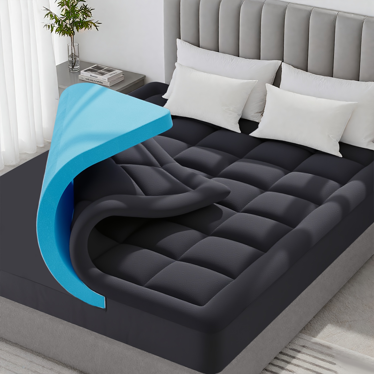 Image of H3 Gel Mattress Topper & Breathable Cover, 5cm Pad With 2cm Detachable Machine Washable Mattress Topper, Overall 7cm, Rich Filling, Fabric Comfortable And Soft, For Bedroom, Hotel, Apartment, .
