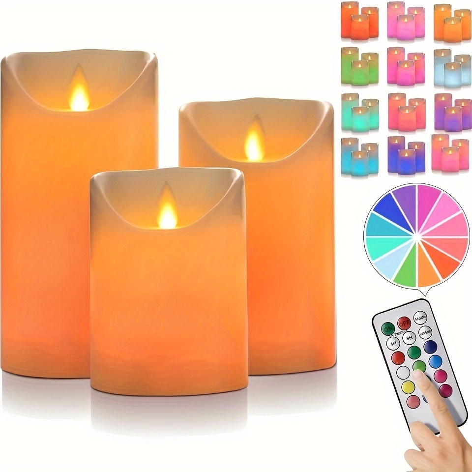 

12-color Flameless Candles, Battery Operated Candles, Flameless Candles With Remote Control&timer Of Wax Material Pack Of 3, Table Lamp In Height 4''5''6'' For Christmas Home Decor