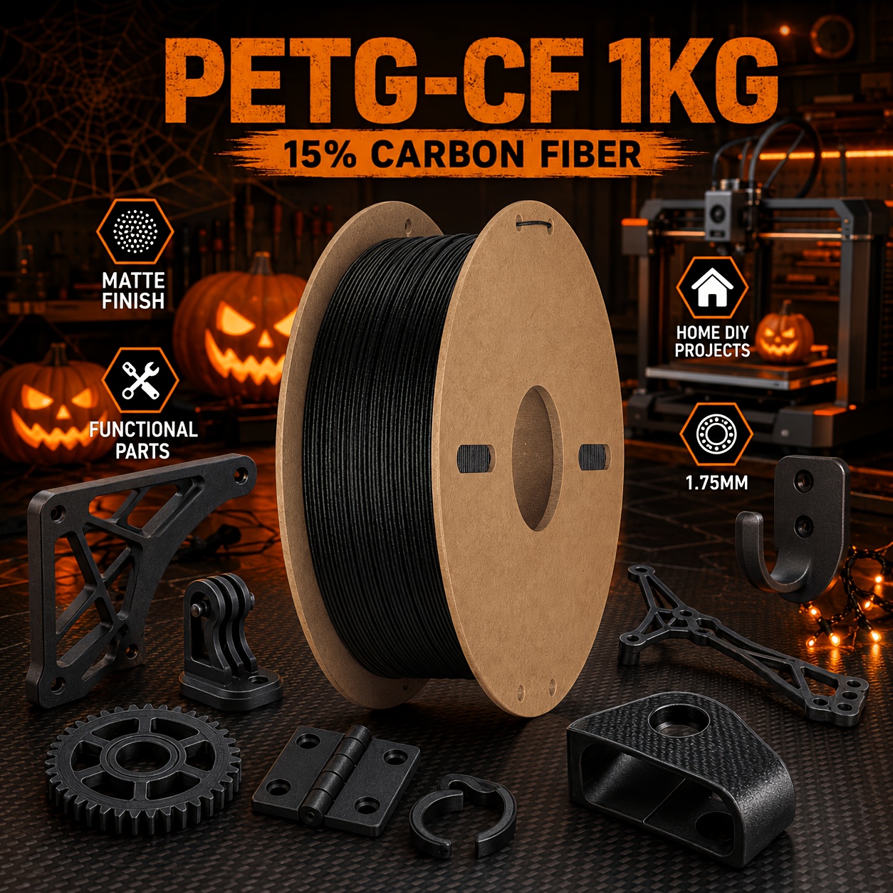 Filazoo 1kg Petg-cf 15% Carbon Printing Filament 1.75mm, Matte Black Petg Carbon Fiber Long Strand For Fdm 3d Printers, Engineering Parts, Functional Prints, Halloween & Christmas Diy Projects