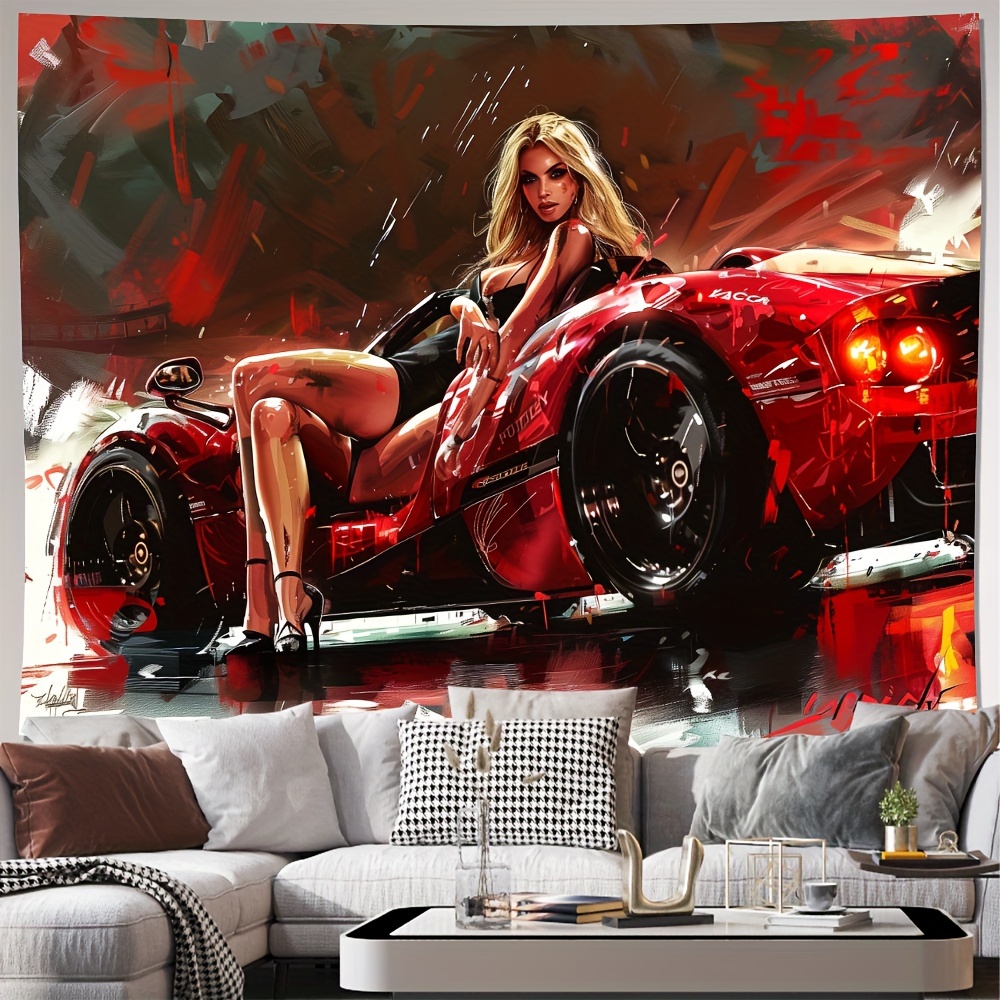 

Creative Sexy Lady And Race Car Wall Art Rolled Canvas, Polyester Fiber Home Decor For Living Room Bedroom Office, Party Decorations With Installation Kit (1 Piece)