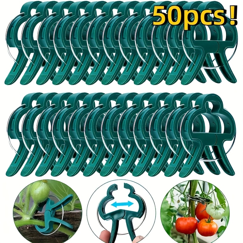 E-shop Set mit 50 stabilen Kunststoffclips zur Unterstützung von Gartenpflanzen - Grüne Hebelringclips für Ranken, für die Führung von Stielen und