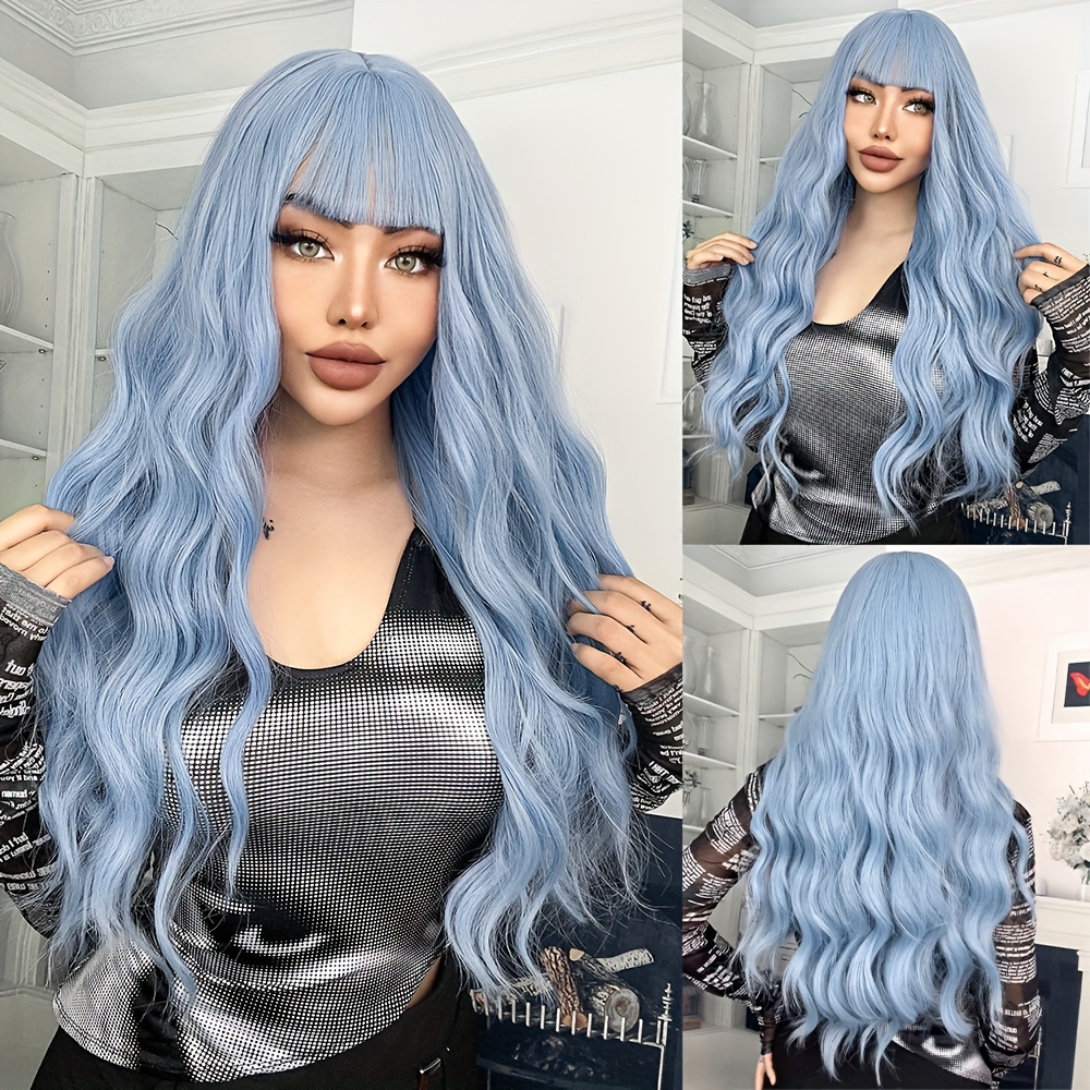 Blue Sky Wigs Women Long Body Wave Synthetic Wigs Bangs Heat Temu