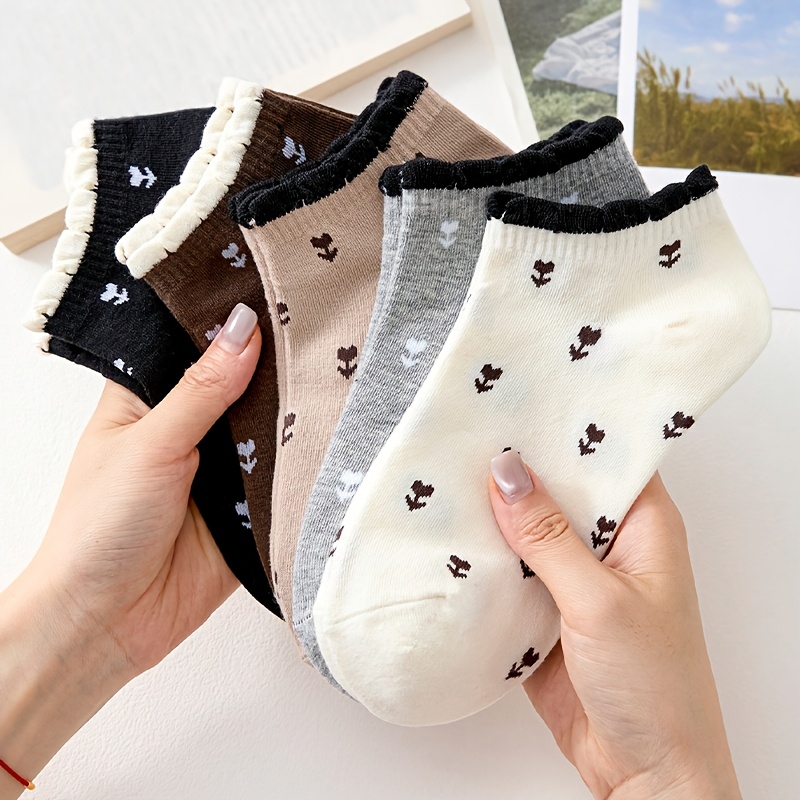 E-shop 5 Paar atmungsaktive Damen-Knöchelsocken mit niedlichem Blumenmuster für Sport & Freizeit, geeignet für den Ausflüge, alle Jahreszeiten –