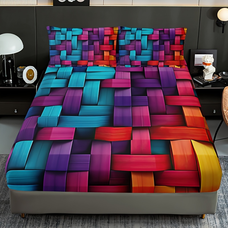TEMU 3pcs Colorful Geometry Grid Fitted Sheet Set (1 Fitted Sheet + 2 Pillowcase Without Pillow Core), Deep Pocket, 15 Inches, Machine Washable