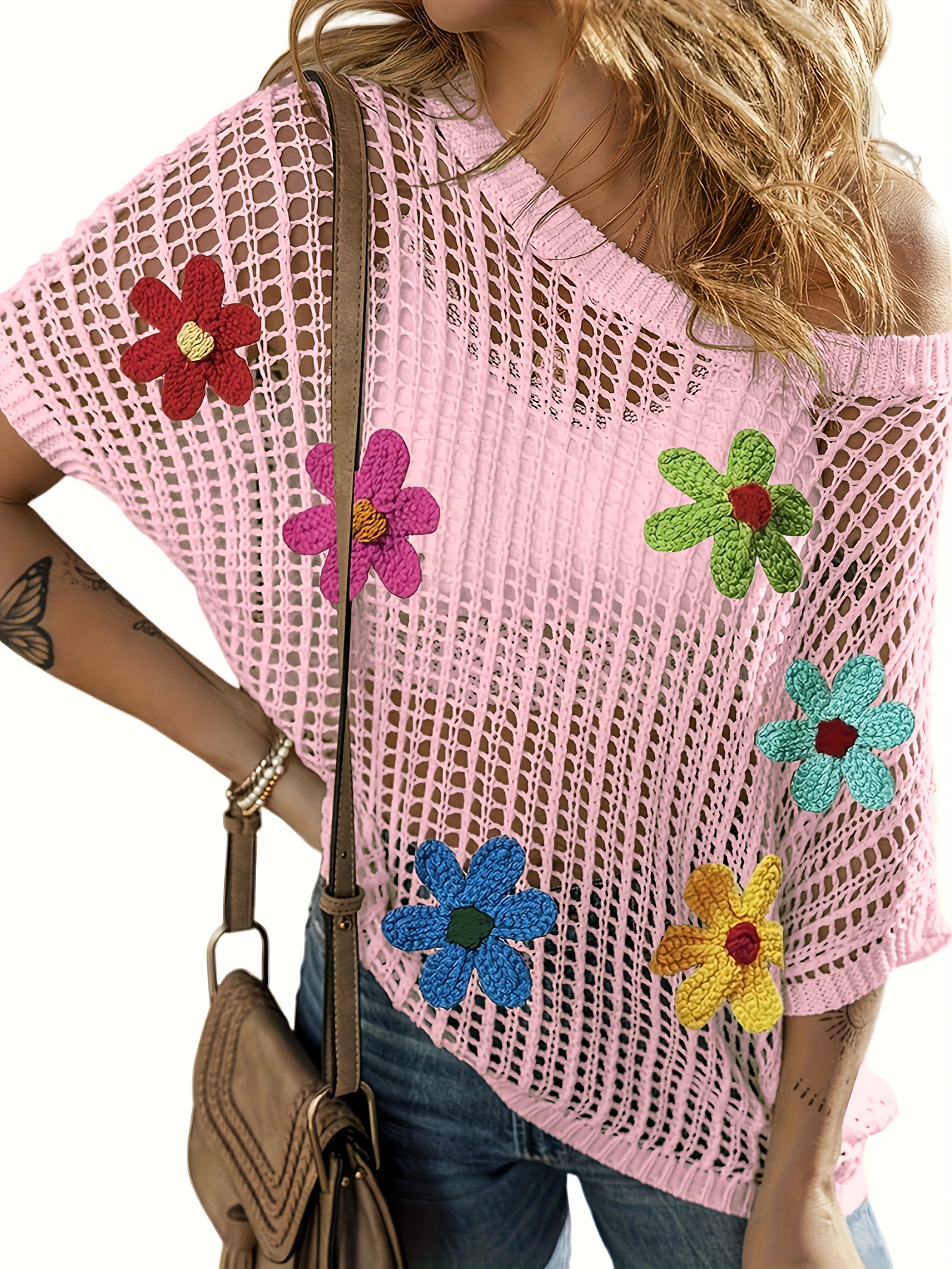 damen strickjacke blumenmuster lässiger rundhalsausschnitt Temu