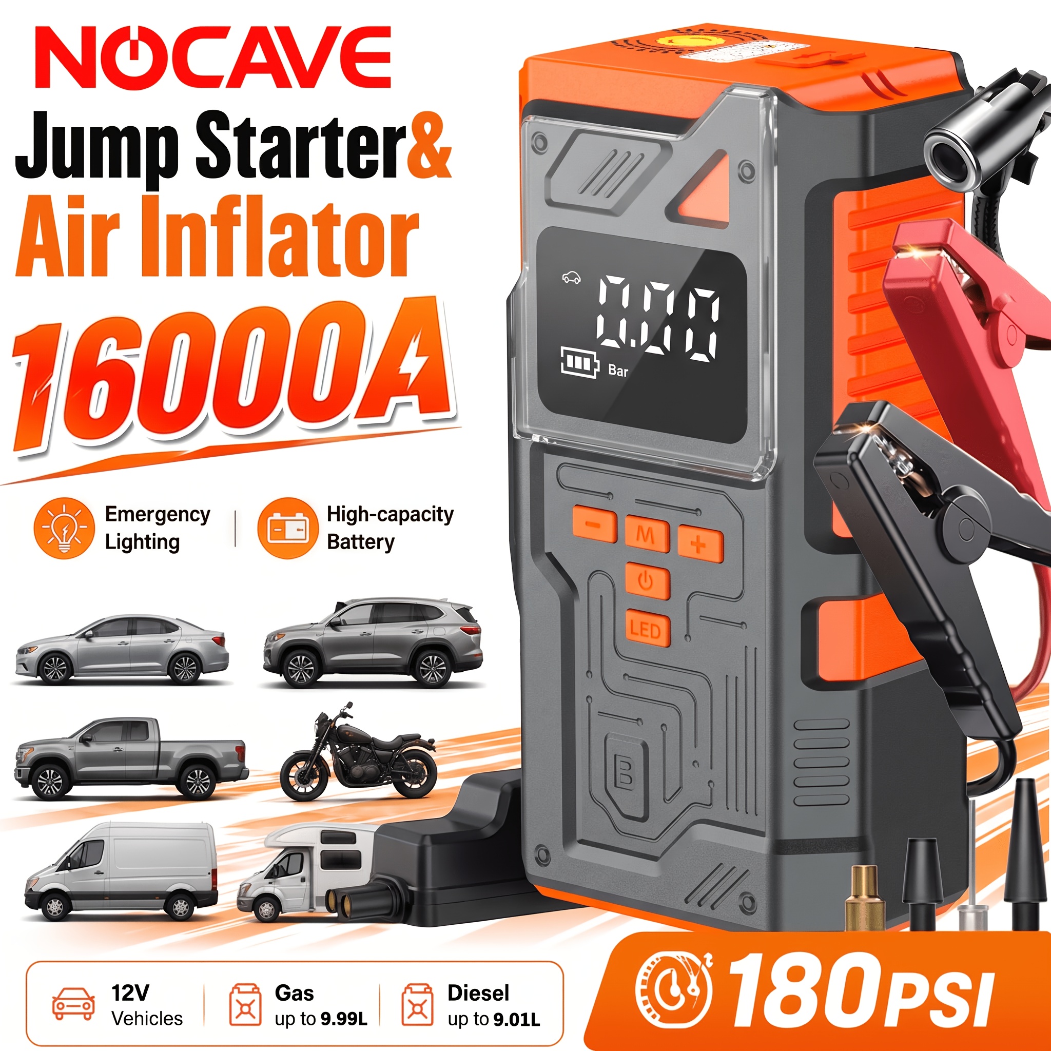 TEMU 16000a Heavy-duty Car Battery Charger, 180 Psi Digital Tire Air Compressor, 10-in-1 Car Emergency Starter, 12v Trip Wire And Connecting Wires, 3