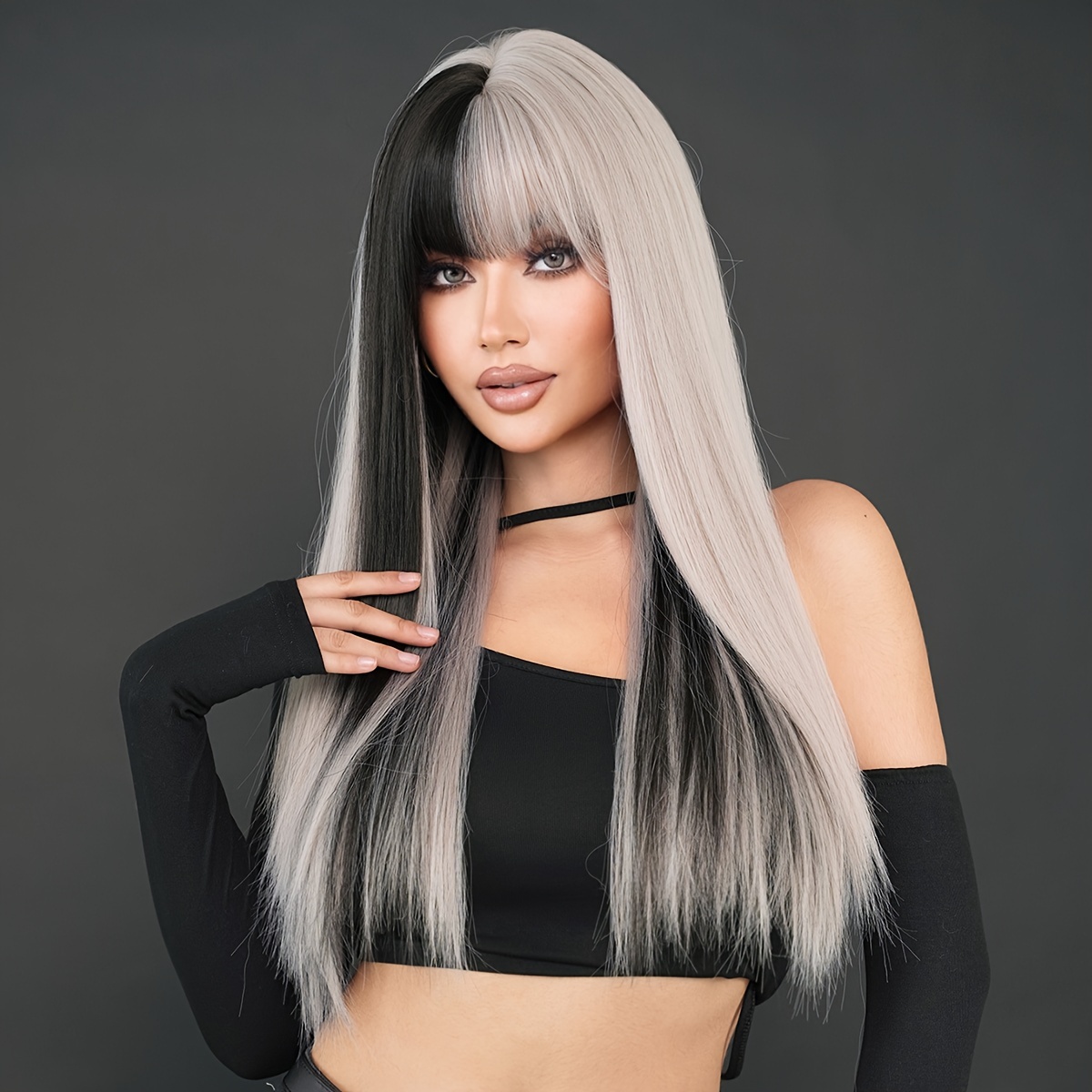 Long Straight Ombre Silvery White Wigs For Women With Bangs High Density Grey Silver Wig With Dark Roots Heat Resistant Synthetic Wig