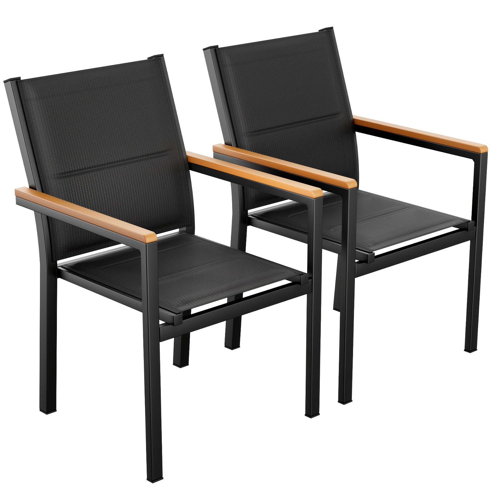 2-pack Patio Chairs, Aluminum Frame, Fabric With Padded Backrest, Stackable Garden Chairs, Wpc Armrest, Suitable For Balcony, Patio, Garden, Pool, And Dining Room