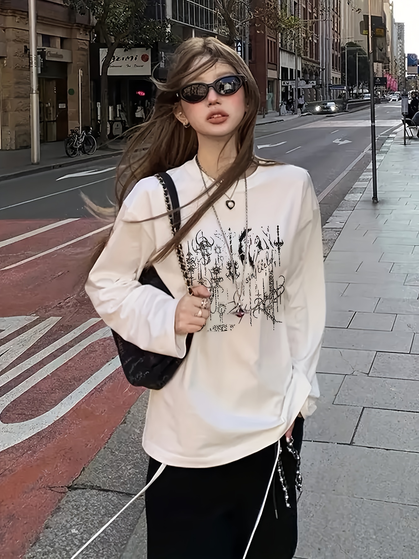 y2k style women's long sleeve t shirt geometric print round