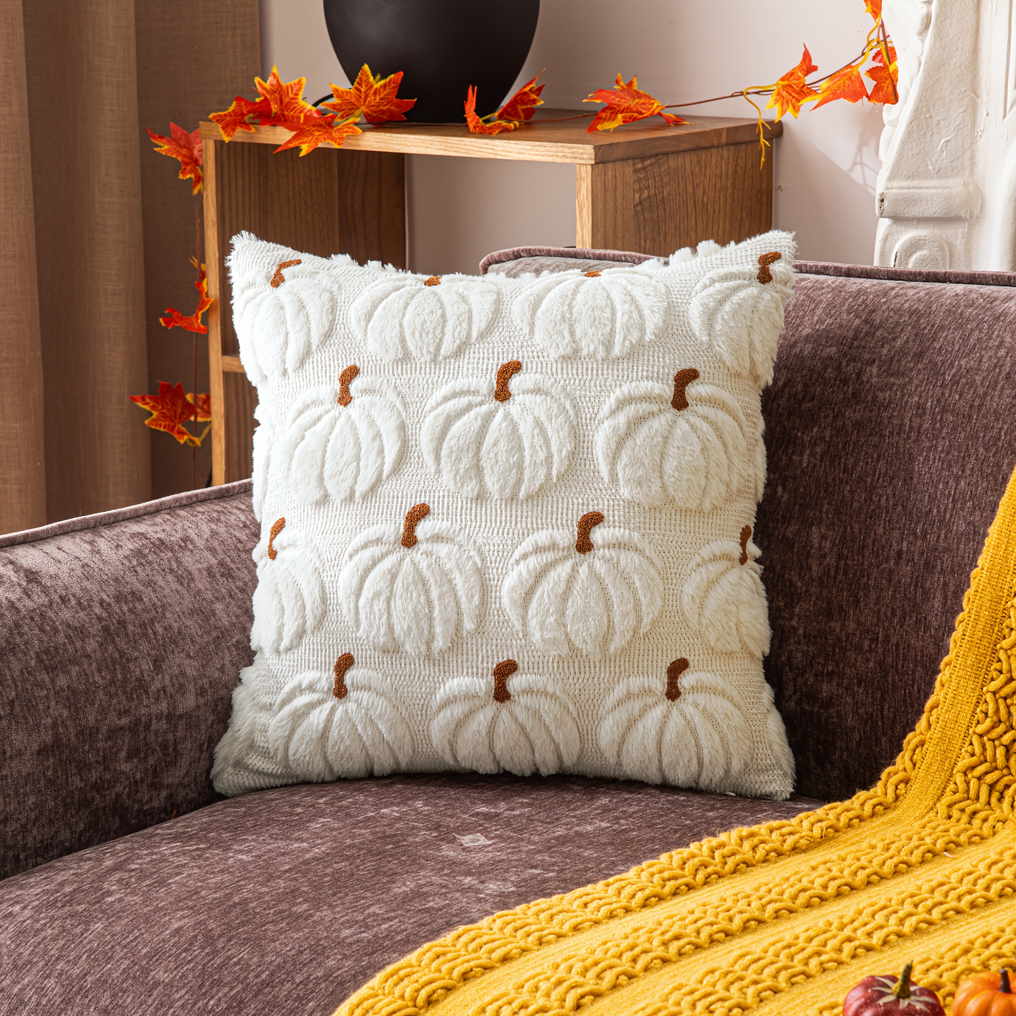 TEMU 1pc Of Autumn-themed Pumpkin Decorative Pillow Cover In Orange With Stem, Suitable For Living Room Or Bedroom Sofas; Pillow Insert Not Included