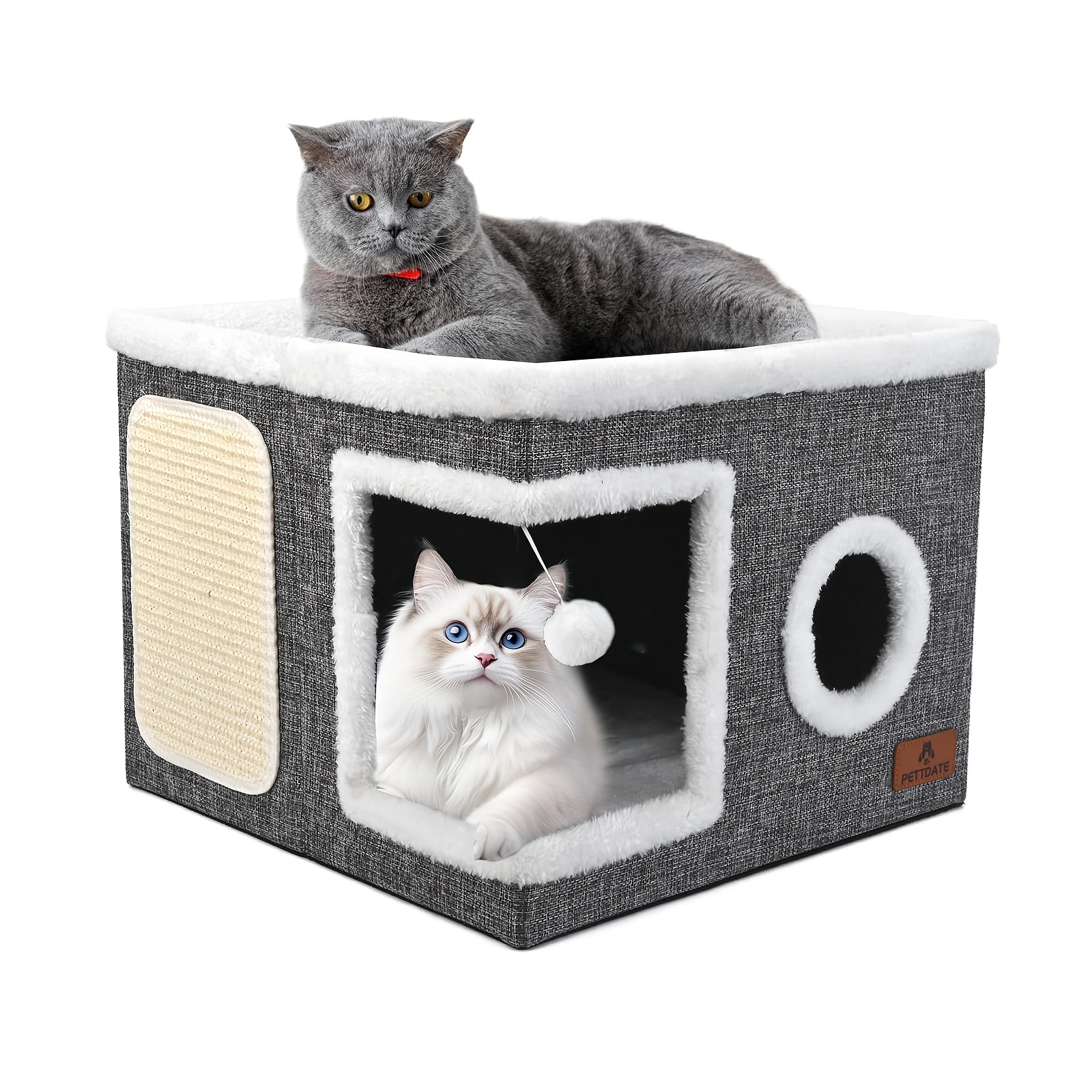 E-shop Katzenhaus mit 2 Ebenen, Spielzeugtunnel, klappbares Sofa, Kratzbaum & Plüsch-Hängeball - Robuster Nylonrahmen, weiches Canvas, ganzjähriges,