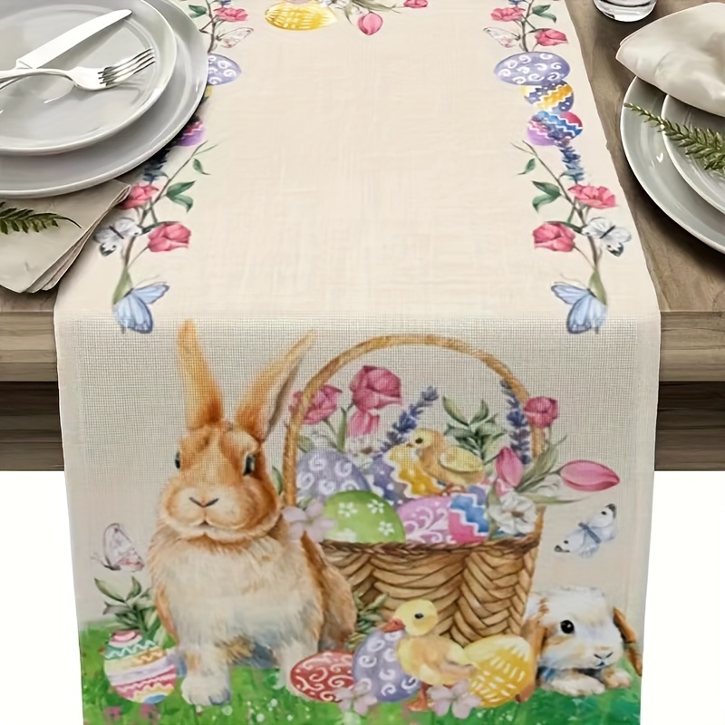 

1pc, Table Runner, Cute Bunny Colorful Floral Pattern Table Runner, Happy Easter Theme Table Runner, Seasonal Kitchen Dining Table Decoration For Indoor, Party Decor