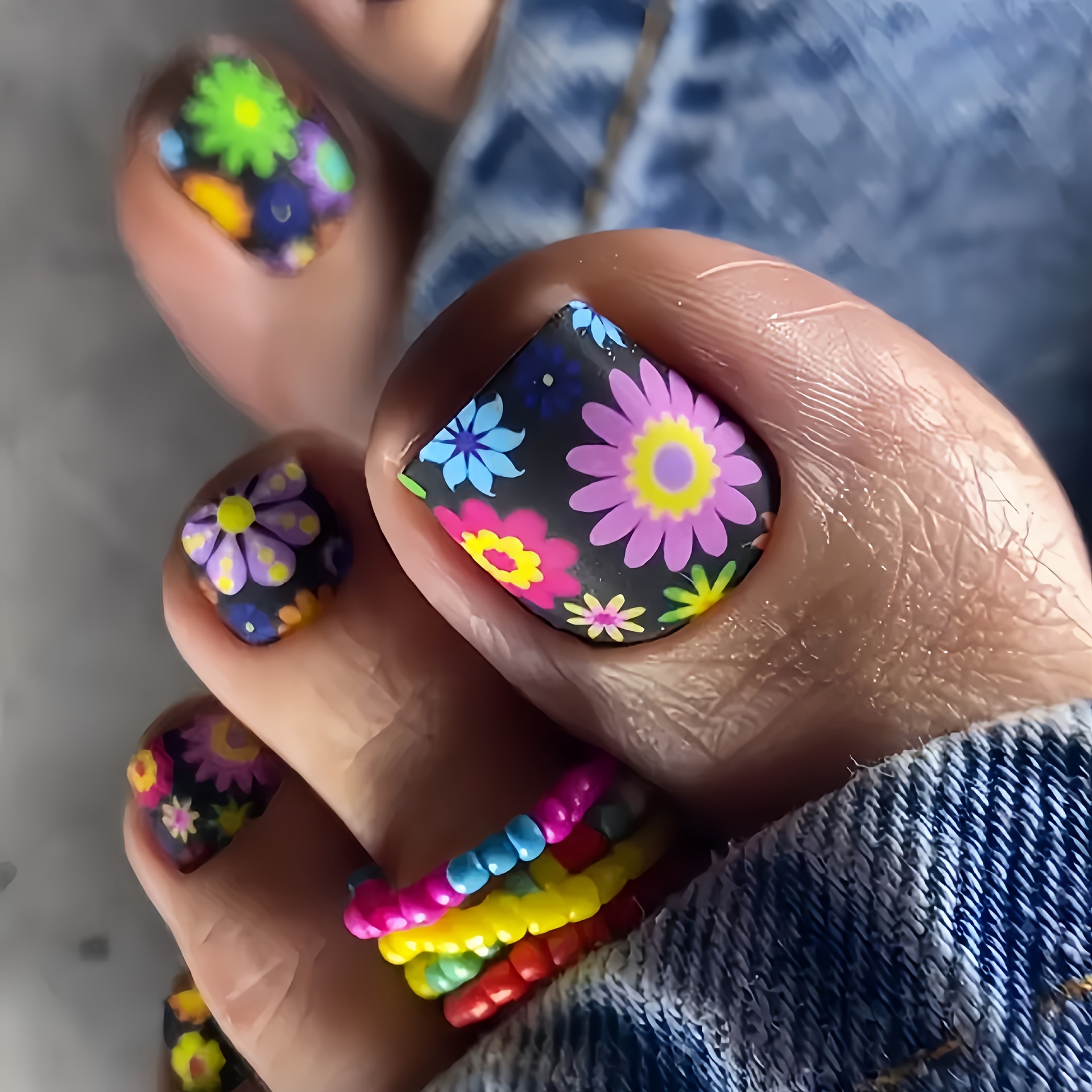 Hot Selling Nail Stickers Black Colorful Flower Pattern False Nail Stickers 24pcs