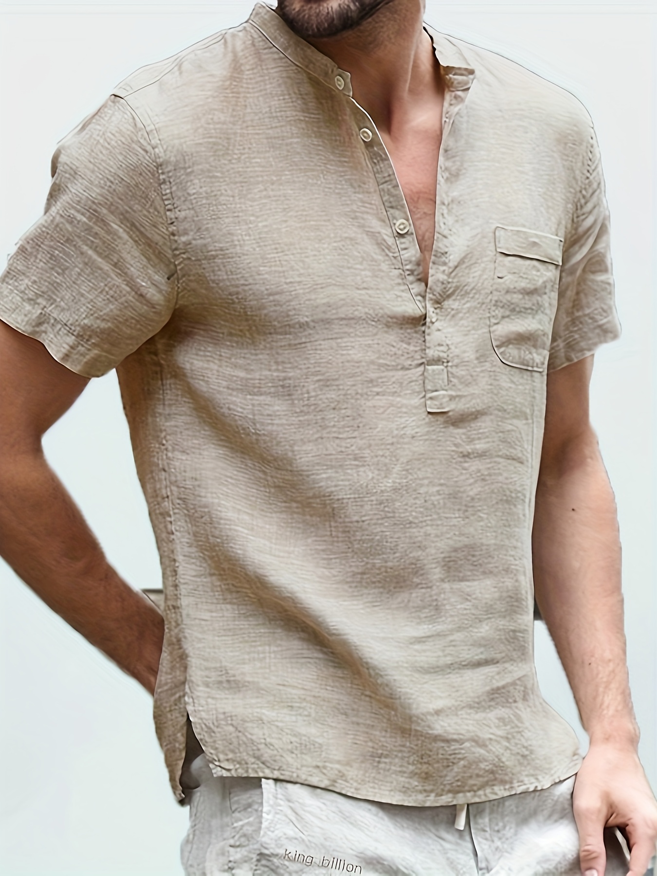 Chemise en lin mélangé pour homme Haut tunique à manches courtes avec  demi-bouton et col coupe décontractée pour la plage taille