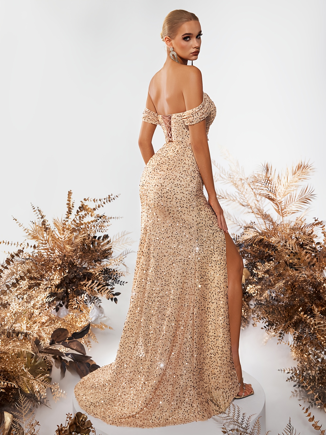 mesh sequin party dress women GLS by Gloria GL3356 Women's Formal Evening & Wedding Guest Dress - Yellow