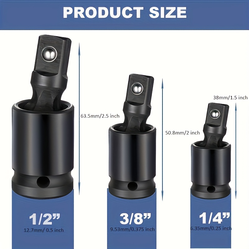 TEMU 3pcs Universal Joint-socket, Impact Universal Joint, 360 Degree U-joint Socket Adapters, Cr- Socket Extension Kit For , Bicycles, Cars,