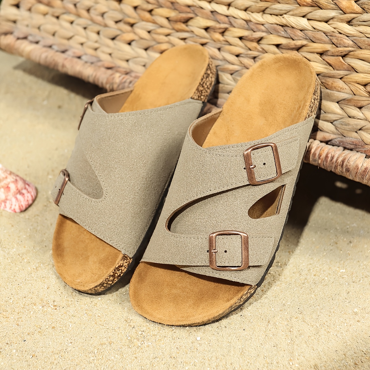 mens adjustable double   slide sandals casual beige upper with brown sole non slip durable for indoor outdoor use details 3