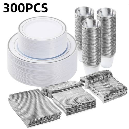 juego de vajilla de plástico de 300 piezas para 50 invitados, platos desechables para fiestas, , aniversarios, : 50 platos , 50 platos de , 50 tazas, 50 cucharas, 50 tenedores cuchillos