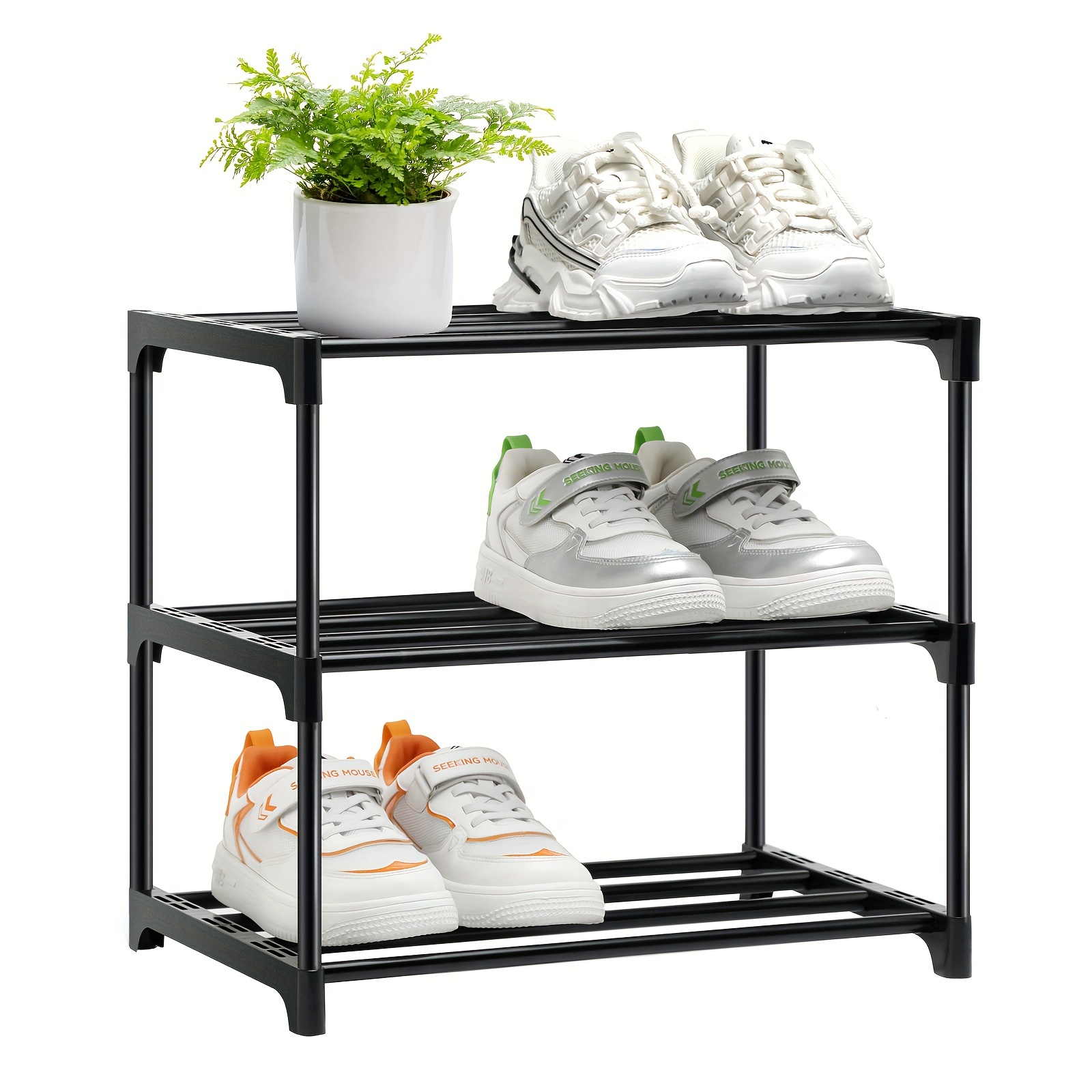 

3-tier Stackable Shoe Rack Organizer With Galvanized Pipe Frame, Plastic And Stainless Steel Free-standing Shoe Shelf For Entryway, Hallway, Bedroom, Living Room - Easy