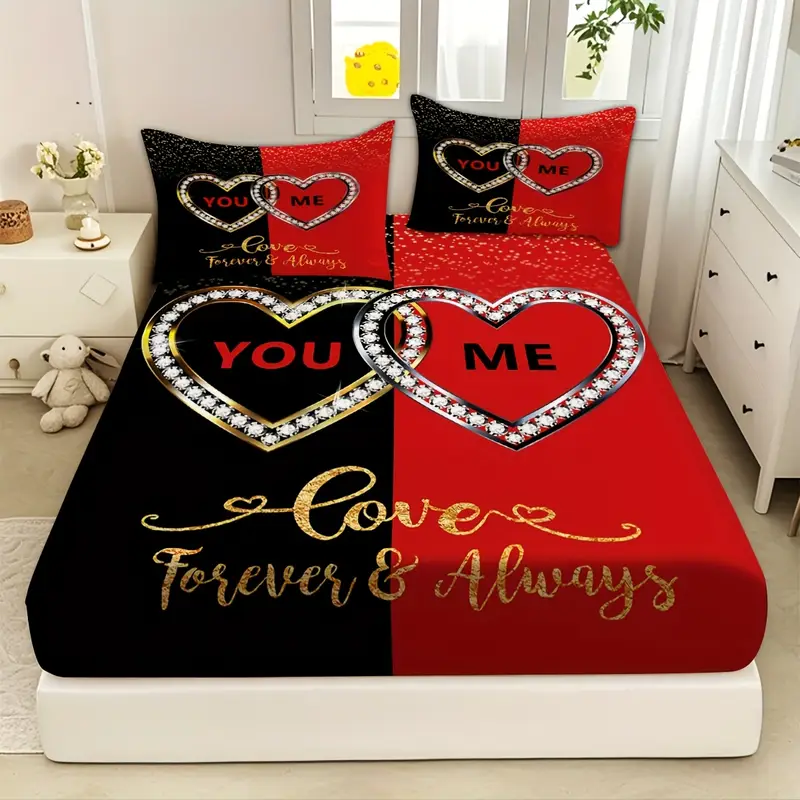 3pcs creative high definition couple heart diamond theme pattern printed bed hat set super soft comfortable and breathable bed hat bedding mattress protective cover 2 pillowcases polyester material the polyester material fabric Product details 4
