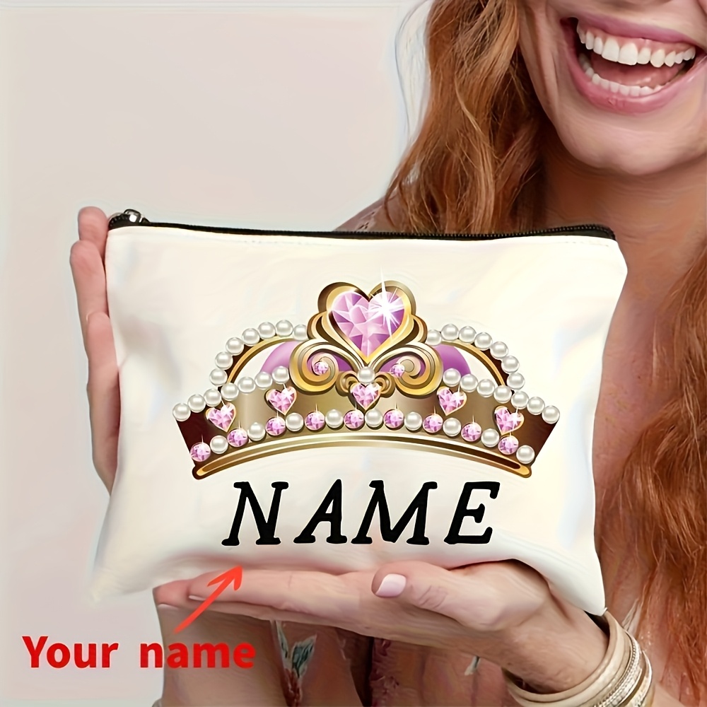 TEMU [customizable] Diy Custom Name I Have A 1pc Pearl And Pink Gemstone Embellished Princess Crown Printed Large Capacity Zippered Makeup Bag -