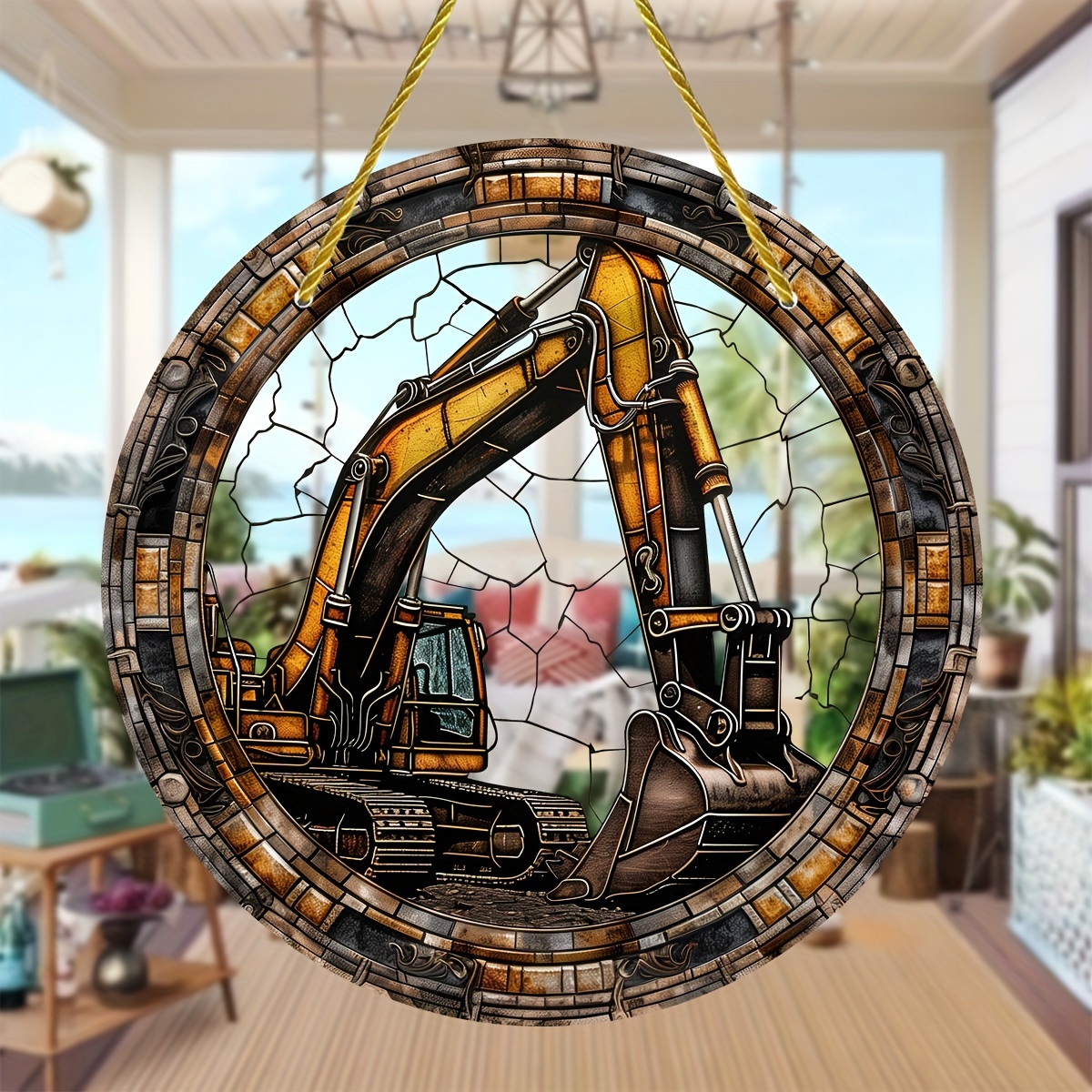 

Excavator Stained Glass Suncatcher, Round Acrylic Sign Window Hanging Decor For All Seasons, Porch Decor, Home & Garden Office Decorations, Birthday Gift For Friends