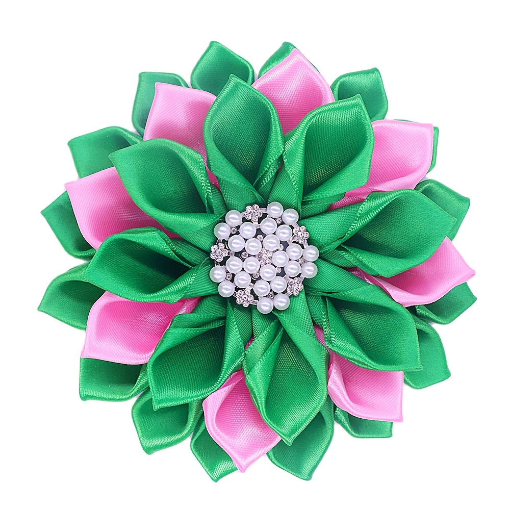 

Sorority Flower Brooch Pin, Pink And Green Artificial Crystal, Rhodium Plated, Synthetic Stone, Luxury Party Jewelry, Daily & Holiday Accessory, All-