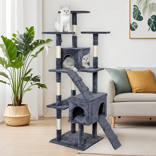 63 49 6 cat tree tower multi level plush cat condo with cat beds cat scratch pads cat scratching posts and hunting toys ideal for adult cats and kittens sturdy structure easy to assemble indoor cat furniture