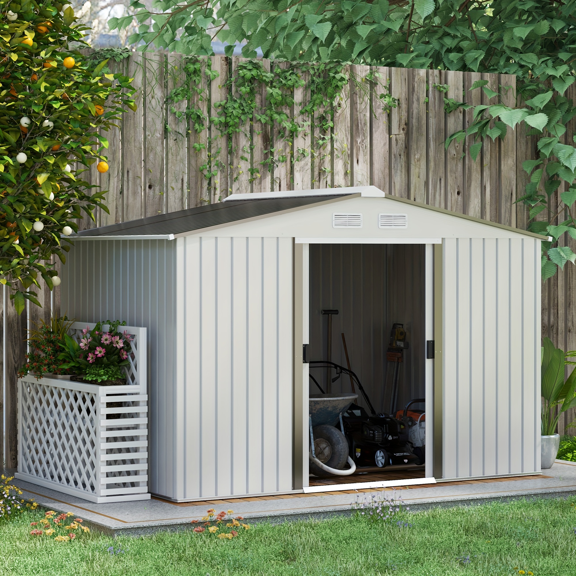 

Outsunny 9' X 6' Outdoor Storage Shed, Garden With Foundation Kit, 4 Vents And Sliding Doors For Backyard, Patio, Garage, Lawn, Silver