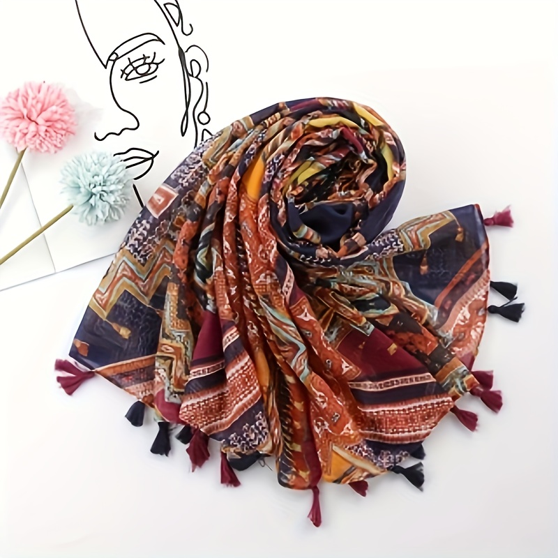 

Ethnic Totem Print Fashion Scarf For Women - 100% Polyester , Hand Wash Or , Decorative Tassel Detail, Warm & Windproof For Travel And