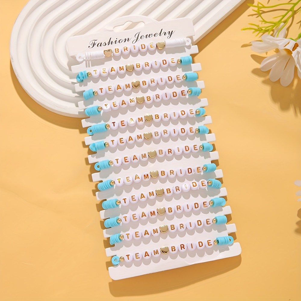 12pcs set of single party bride bridesmaid   letter multi layered stacked love elastic soft pottery bracelet set fashionable womens bracelets for weddings engagements banquets and dances gift wearing multiple sets