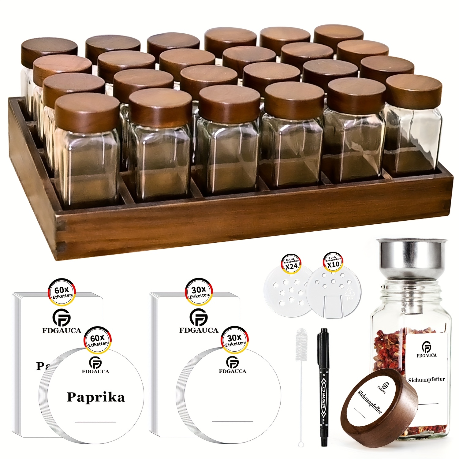 TEMU 1pc Elegant Acacia Wood Tray Spice Rack, Wooden Spice Rack With 12/24 120ml Square Spice Jars, Spice Labels, Spice Organiser, Spice Rack With
