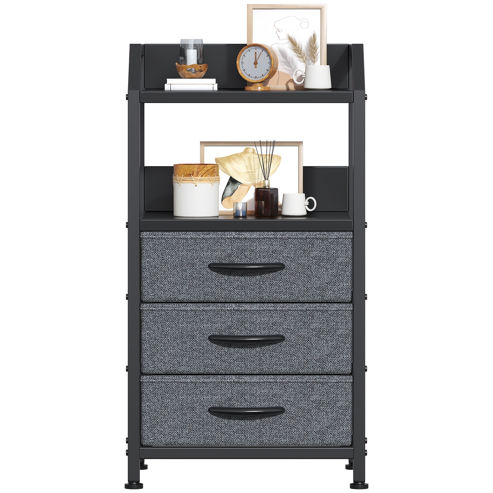 Image of Winkalon Modern Nightstand With 3 Fabric Drawers And Open Shelf - Mdf Top And , Multifunctional End Table For Living Room, Bedroom And Compact Spaces, Storage Drawer Units