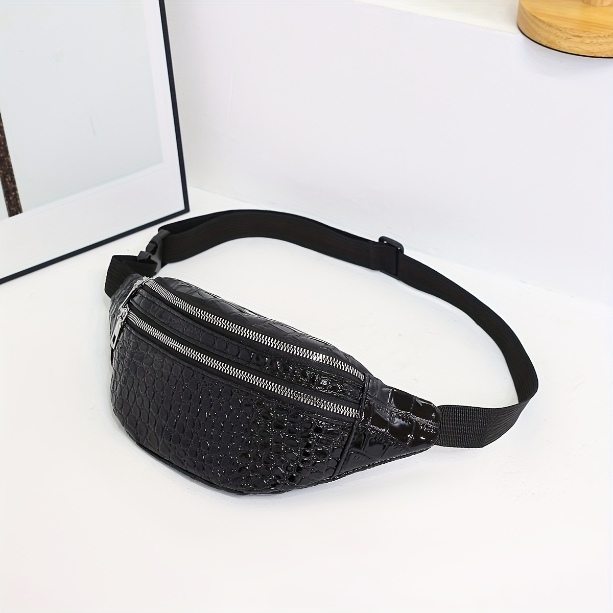 Image of High Quality Waist Pack With Adjustable Strap - Lightweight Foldable Crossbody Bag For Outdoor Sports Cycling Travel, Multiple Zipper Compartments & Embossed Texture, Unisex Casual Phone Bag