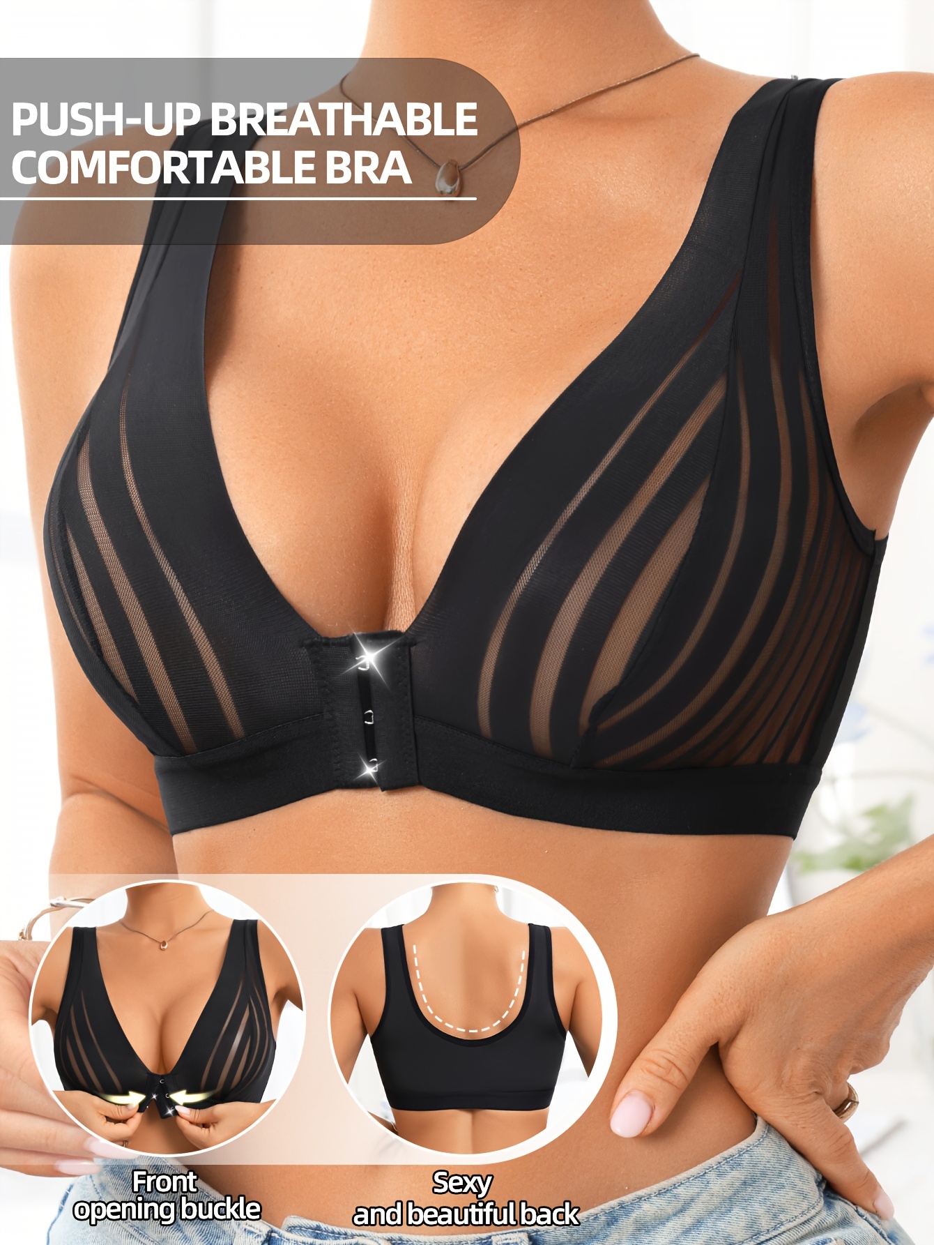 Gestreepte mesh push-up bh met sluiting aan de voorkant