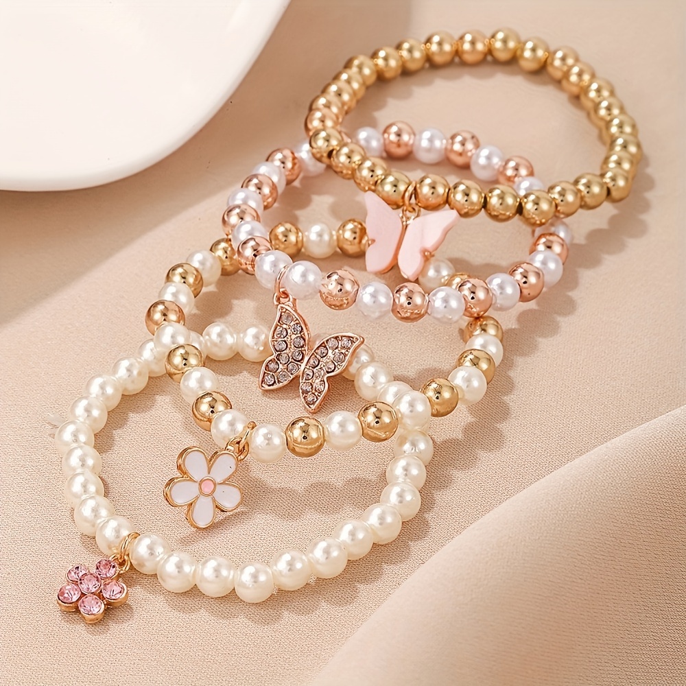 set of 4 charming butterfly and daisy heart pendant bracelets faux pearl beads perfect and exquisite jewelry gifts   designed for cute girls details 2