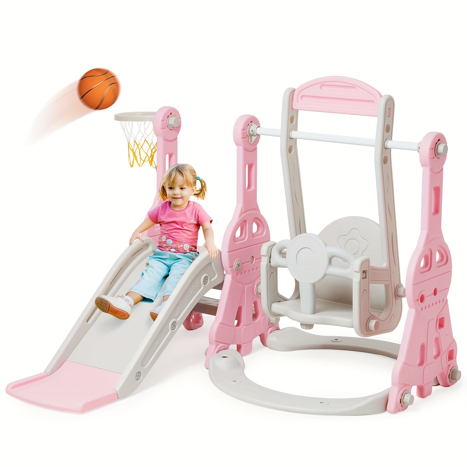 

Slide And Swing Set 4 In 1 Climber Playset With Swing Slide Climber And Basketball Slide And Swing Set Indoor Outdoor Backyard Playground Toy (pink) Christmas Gift